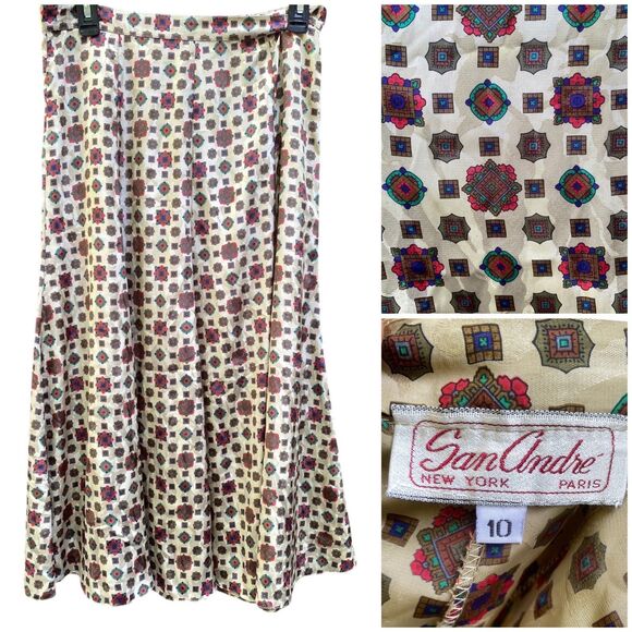 VTG San Andre NY Paris Midi Skirt Sz 10 M Jacquard Geo Baroque 80s Boho Flowy - Picture 15 of 16
